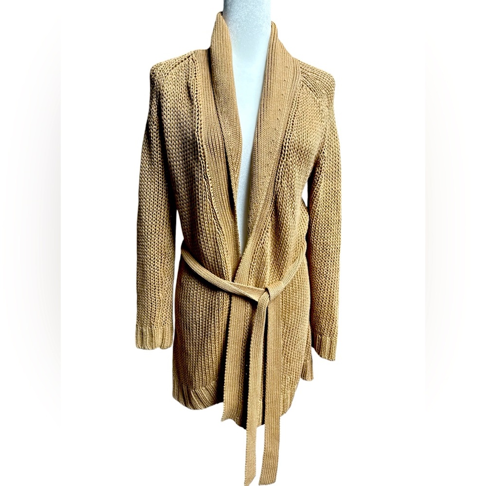 Theory, Silk/Linen Blend Open Weave Shawl  Collar Belted Cardigan, Size Petite